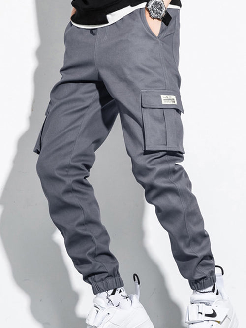 Men Patched Flap Pocket Cargo Pants Grey