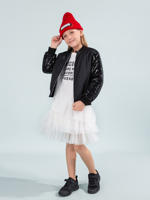 Girls Sequin Sleeve Bomber Jacket