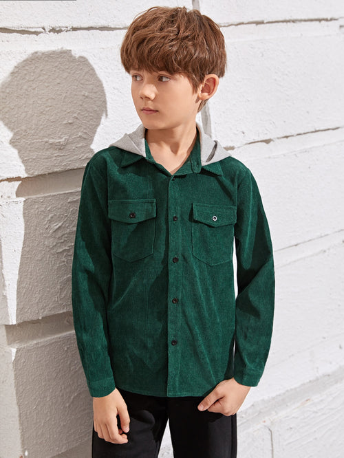 Boys Button Front Hooded Corduroy Shirt