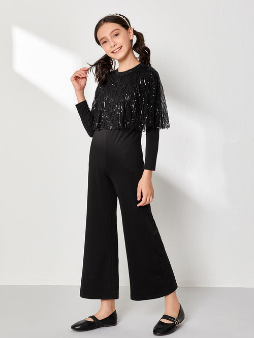 Girls Sequin Detail Jumpsuit With Cape