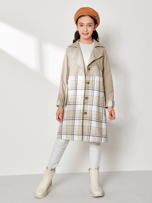 Girls Rolled Cuff Self Belted Plaid Coat