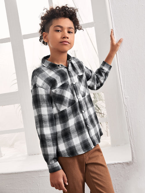 Boys Slogan & Rocket Print Pocket Front Plaid Shirt