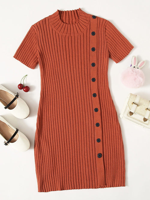 Girls Single Breasted Ribbed Knit Sweater Dress