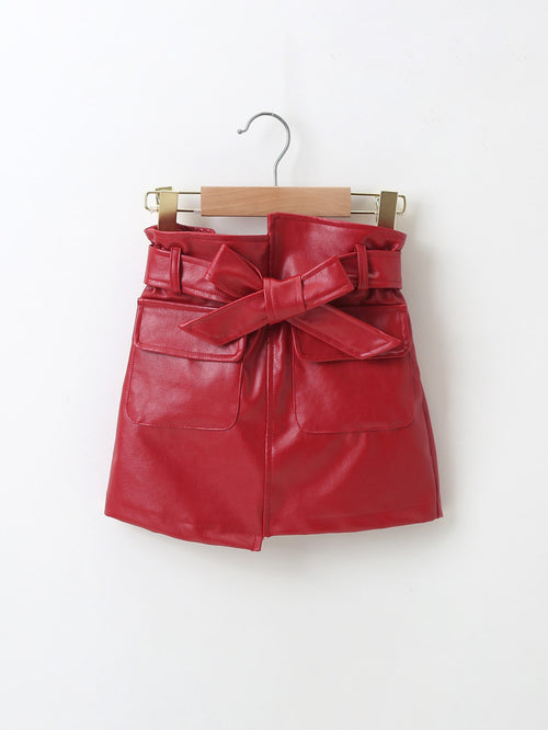 Toddler Girls Flap Pocket Belted PU Skirt Rose Red