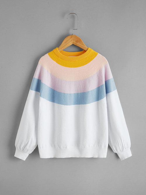 Girls Raglan Sleeve Colorblock Sweater