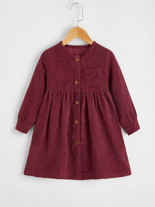 Toddler Girls Button Front Corduroy Smock Dress Maroon