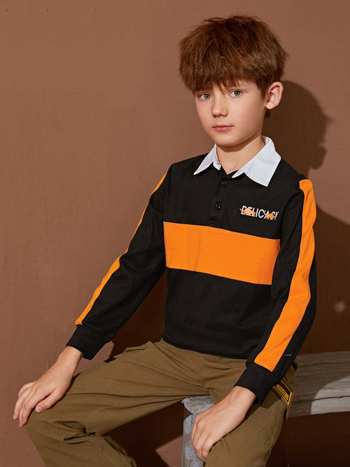 Boys Letter and Animal Print Colorblock Polo Shirt