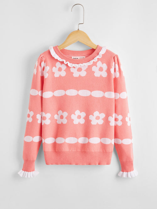 Girls Contrast Frill Detail Floral Pattern Sweater