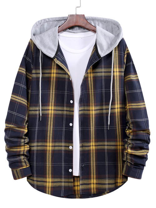 Men Contrast Hooded Drawstring Plaid Shirt Without Tee