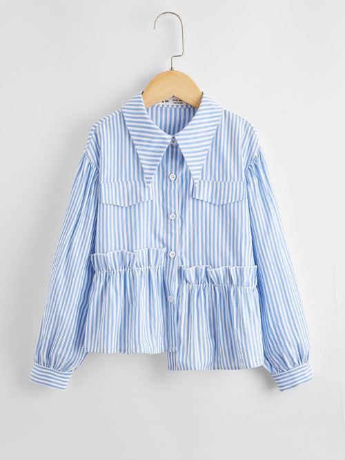 Girls Button Front Ruffle Trim Striped Top