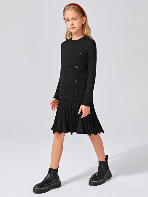 Girls Button Front Ruffle Hem Rib-knit Sweater Dress