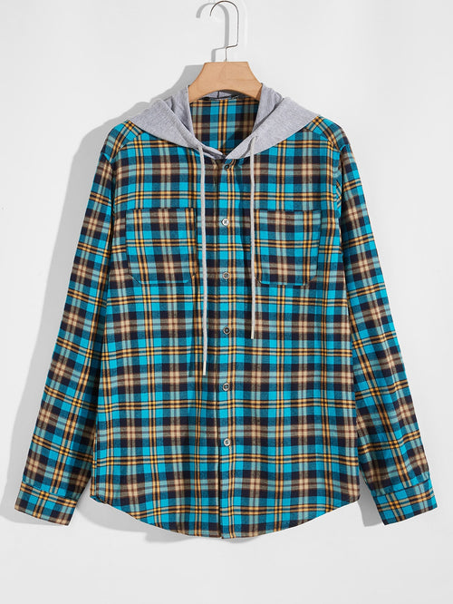 Men Contrast Hooded Plaid Shirt