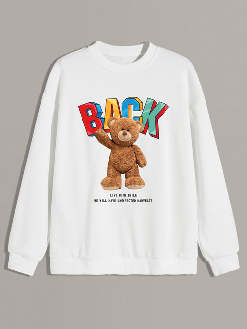 Men Slogan & Bear Print Drop Shoulder Sweatshirt White