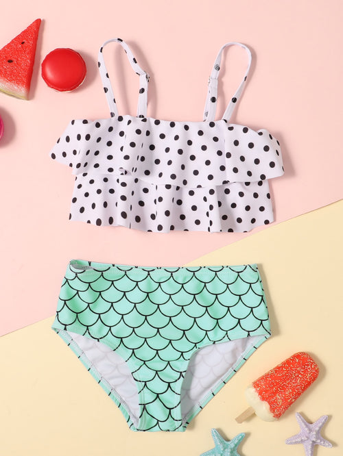 Toddler Girls Polka Dot & Fish Scale Print Bikini Swimsuit