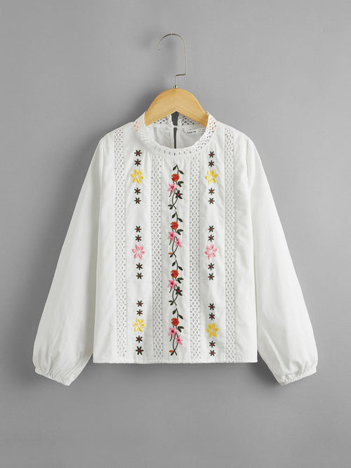 Girls Floral Embroidered Guipure Lace Insert Top