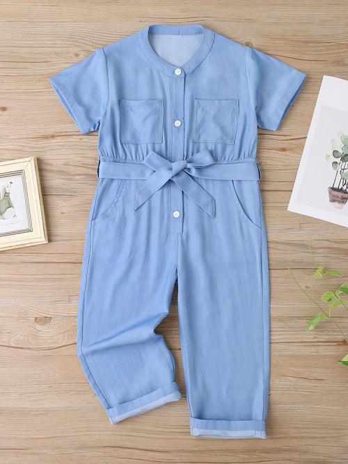 Toddler Girls Button Front Belted Denim Jumpsuit