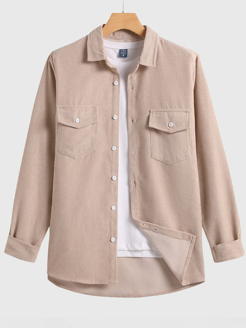 Men Corduroy Flap Pocket Button Front Shirt Apricot