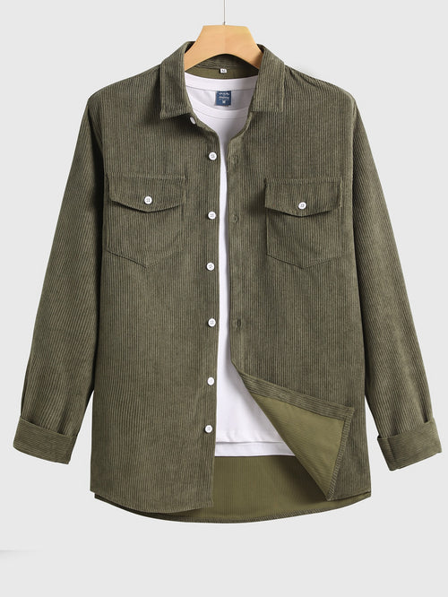 Men Corduroy Flap Pocket Button Front Shirt Army Green