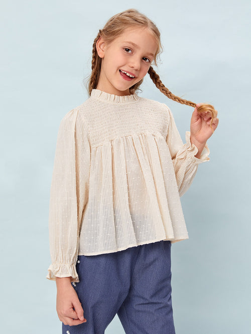 Girls Frill Neck Shirred Detail Swiss Dot Top