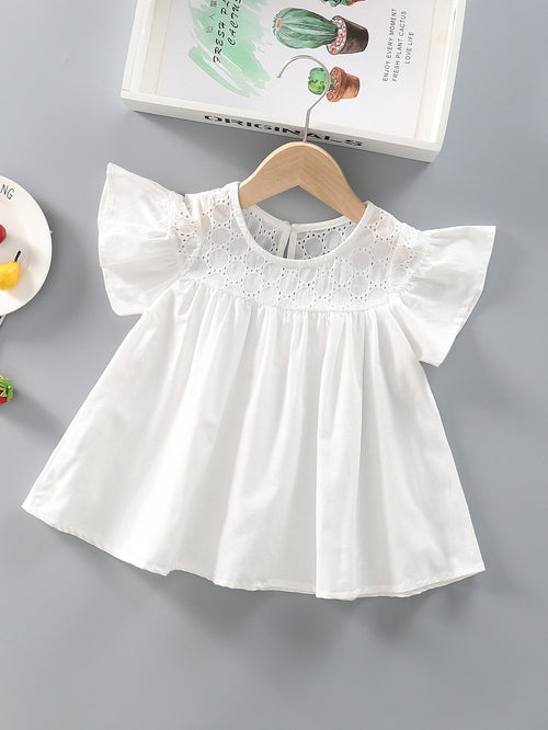 Toddler Girls Eyelet Embroidery Butterfly Sleeve Babydoll Blouse