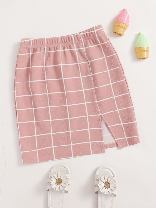 Girls Split Hem Grid Skirt Coral Pink