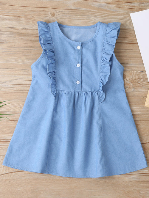 Toddler Girls Ruffle Trimed Smock Denim Dress