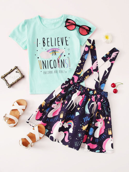 Toddler Girls Slogan Graphic Tee With Cartoon Unicorn Skirt Multicolor