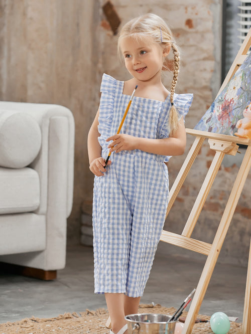 Toddler Girls Buffalo Plaid Ruffle Trim Jumpsuit