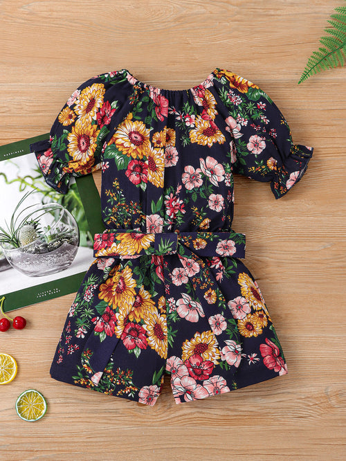 Toddler Girls Allover Floral Puff Sleeve Belted Romper