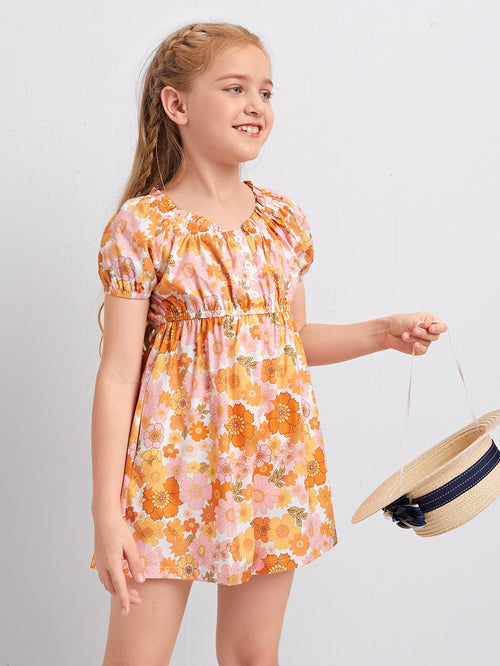 Girls Floral Half Placket Romper