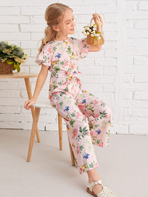 Girls Ruffle Cuff Wide Leg Plants Print Jumpsuit