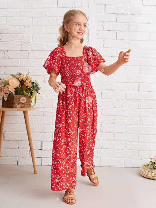 Girls Floral Shirred Detail Jumpsuit