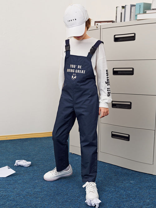 Boys Cartoon & Slogan Embroidered Overalls