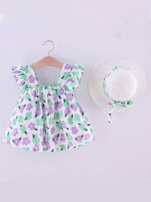 Toddler Girls Allover Floral Print Ruffle Trim Blouse & Hat