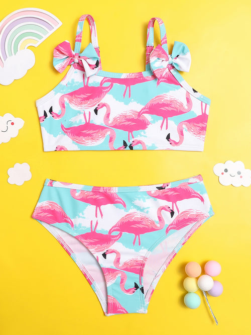 Toddler Girls Flamingo Print Bow Bikini Swimsuit