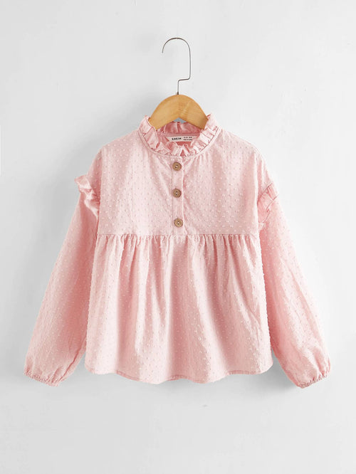 Girls Swiss Dot Frill Neck Button Front Peplum Top