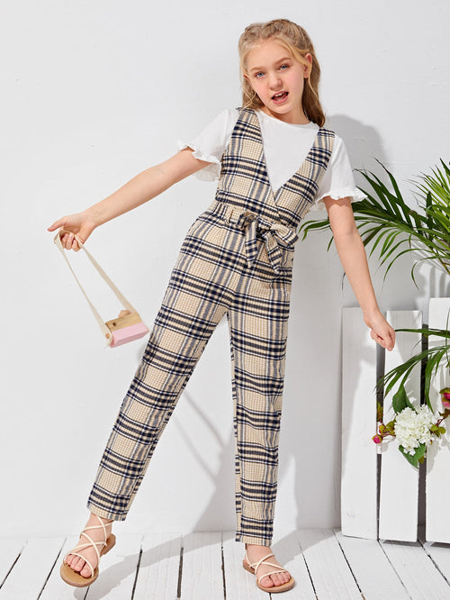 Girls Belted Tartan Pinafore Jumpsuit Without Top