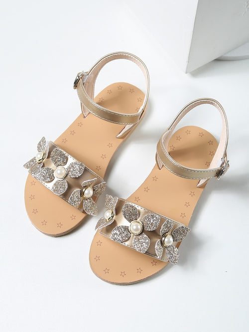 Girls Glitter Flower Decor Sandals Gold