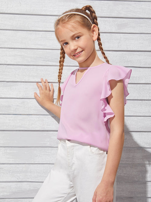 Girls Keyhole Neck Butterfly Sleeve Top Lilac Purple