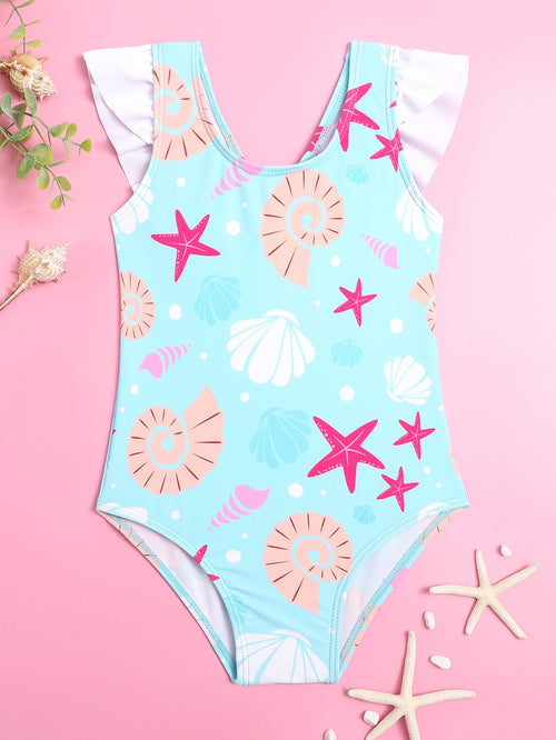 Toddler Girls Shell Print Ruffle One Piece Swimsuit
