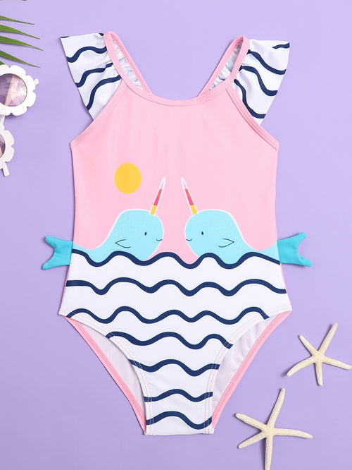 Toddler Girls Cartoon Fish & Wave Print One Piece Swimsuit