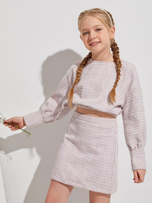 Girls Drop Shoulder Tweed Crop Top & Skirt Set