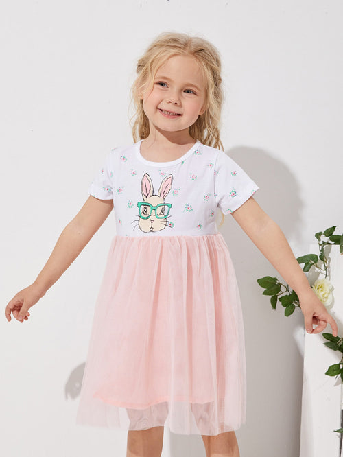 Toddler Girls Contrast Mesh Rabbit & Floral Print Smock Dress