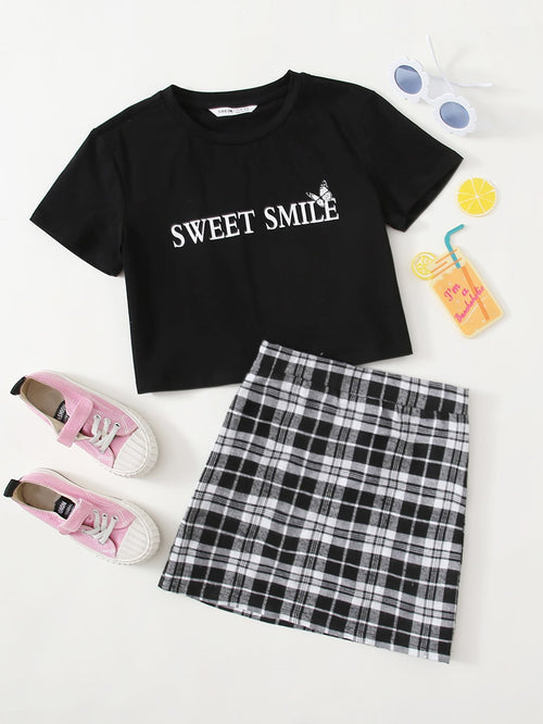 Girls Letter and Butterfly Print Top & Tartan Skirt Set