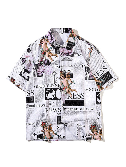 Men Newspaper & Angel Print Shirt