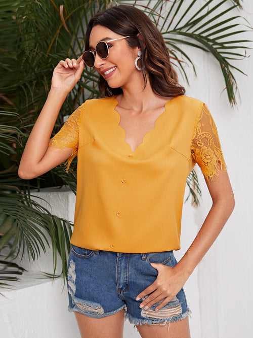 Scallop V-neck Lace Sleeve Top Yellow