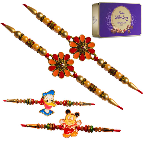 4 Rakhi - Flower Rakhi And Kids Rakhi With Cadbury Celebration Rich Dryfruit Chocolate