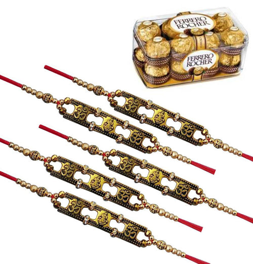 5 Rakhi - Om Rakhi Set With 16 Pcs Ferrero Rocher Chocolate Box Or Kaju Katli