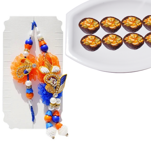 2 Rakhi - Beautiful Bhaiya Bhabhi Pearl and Diamond Rakhi Set With Anjeer Katori