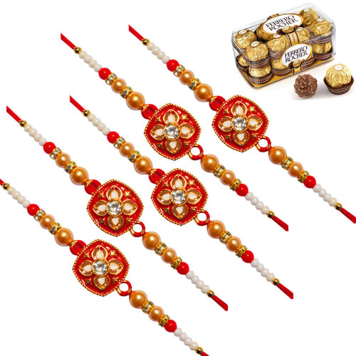 5 Rakhi - Colorful Rakhi With Ferrero Rocher Chocolate Box